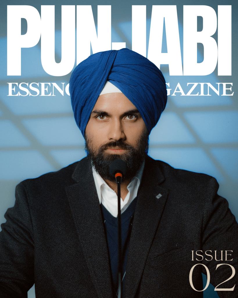 Cover of Punjabi Essence Magazine featuring a man wearing a blue turban and a dark suit, with the title prominently displayed above him.